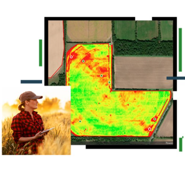 Person holding a tablet beside a colour-coded field analysis map.