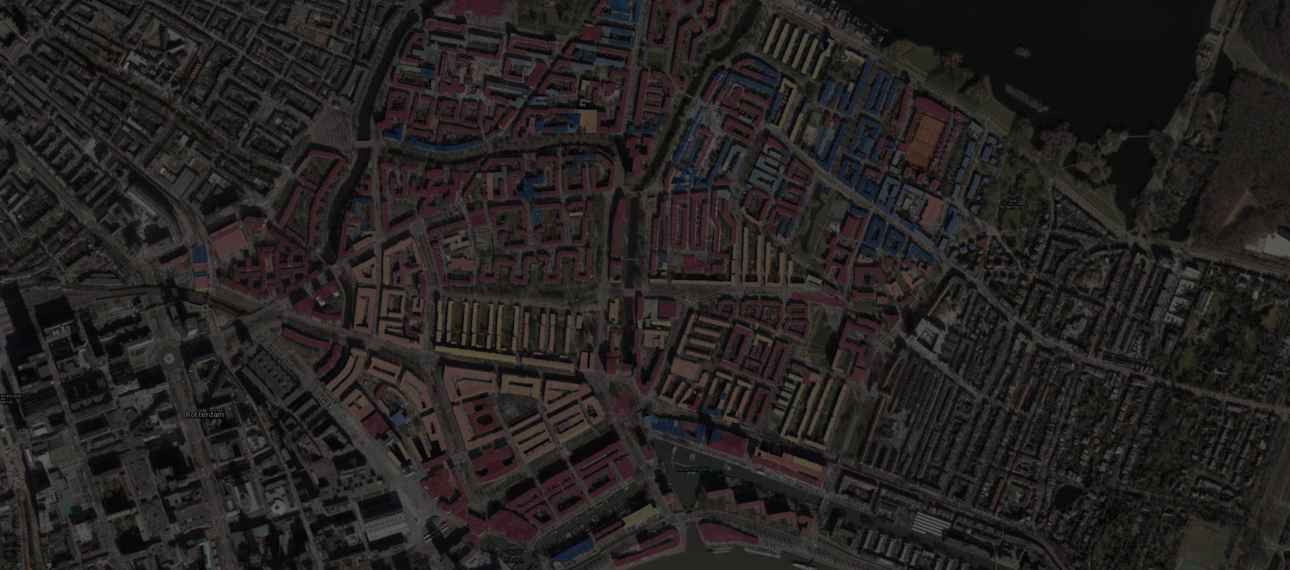 ArcGIS aerial map showing colour-coded building footprints.