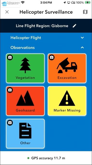 Mobile app for helicopter surveillance observations showing vegetation, excavation and geohazard categories.