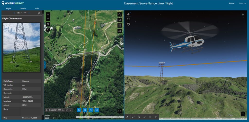 ArcGIS dashboard showing powerline inspection data with map and 3D views.