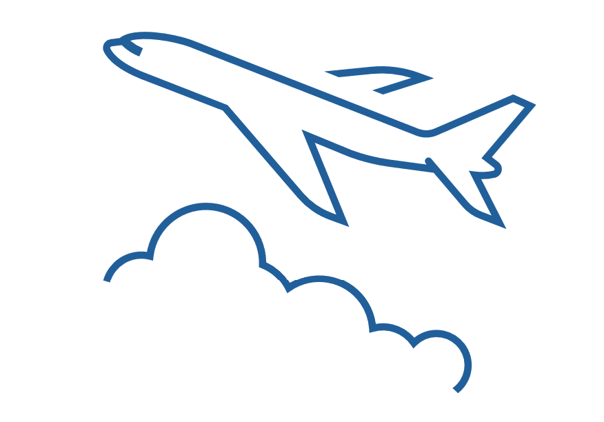 Airplane ascending above clouds icon.