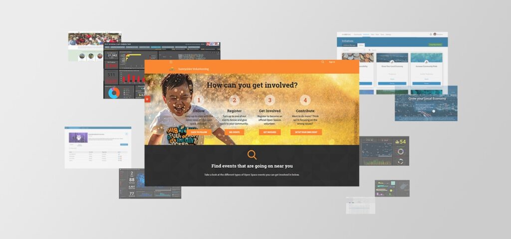 ArcGIS Hub community engagement websites and dashboards.