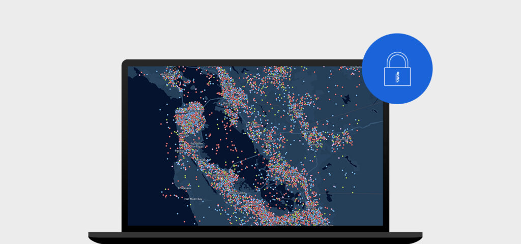 ArcGIS map showing clustered point locations with a security lock icon.