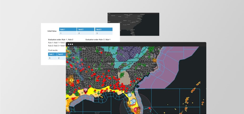 ArcGIS maps displaying live weather alerts, hazards and rule-based analysis.