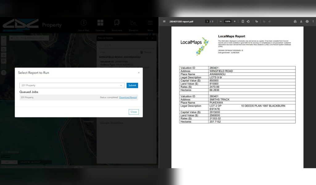 LocalMaps property report generation and PDF export screen.