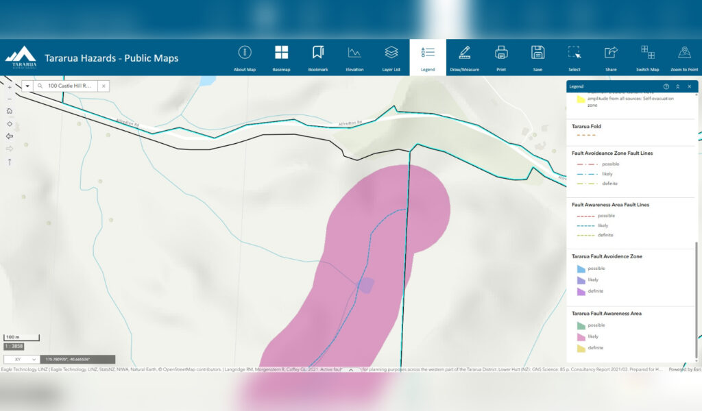 ArcGIS public hazards map showing fault zones and hazard overlays.