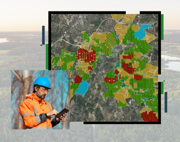 Person using a tablet with an aerial map displaying red and green data points.