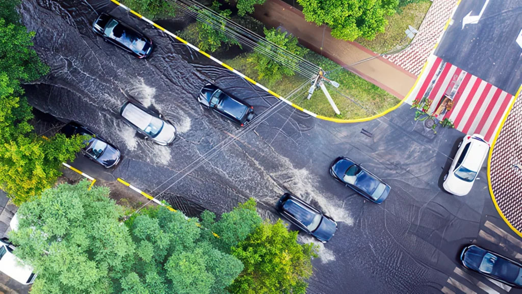 Aerial view of vehicles driving through floodwater at a road intersection.