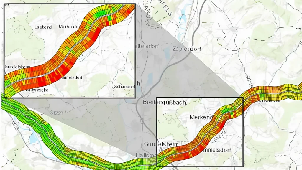 ArcGIS map showing a colour-coded road corridor analysis.
