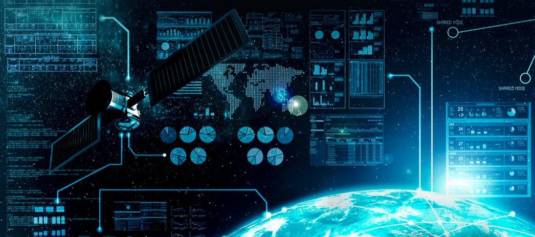 Satellite and data dashboards displayed above the Earth.