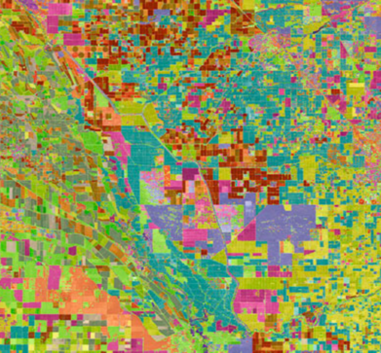 False-colour satellite imagery showing agricultural land parcels.