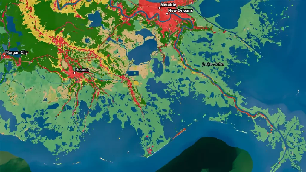 ArcGIS land cover map of coastal Louisiana and New Orleans.