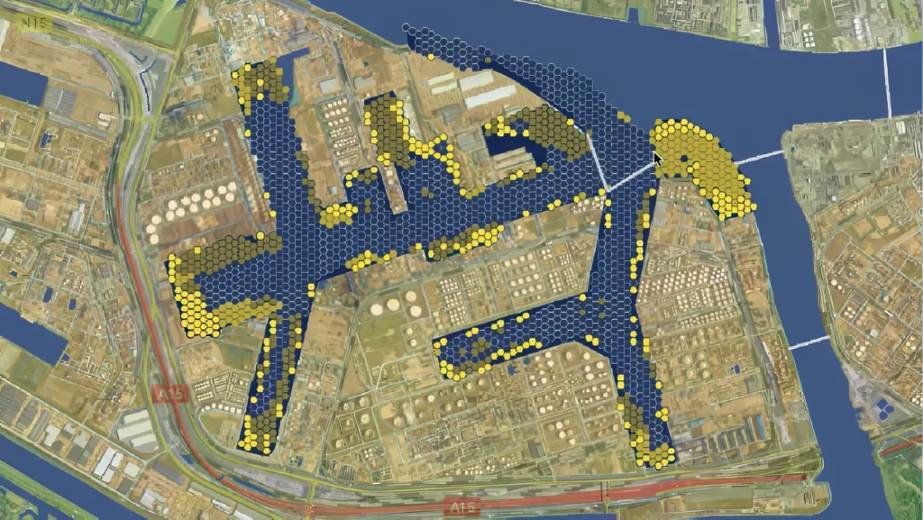 Aerial map with hexagonal grid overlays highlighting land areas.