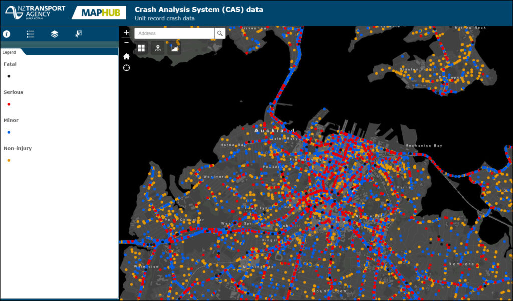NZ Transport Agency Crash Analysis System map showing road crash locations.