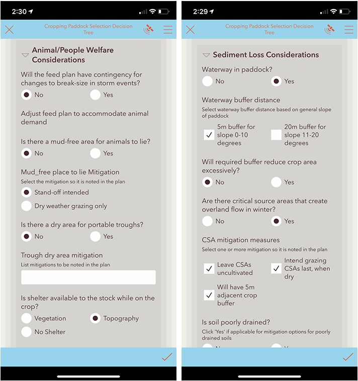 Mobile app questionnaire for paddock management and environmental planning.
