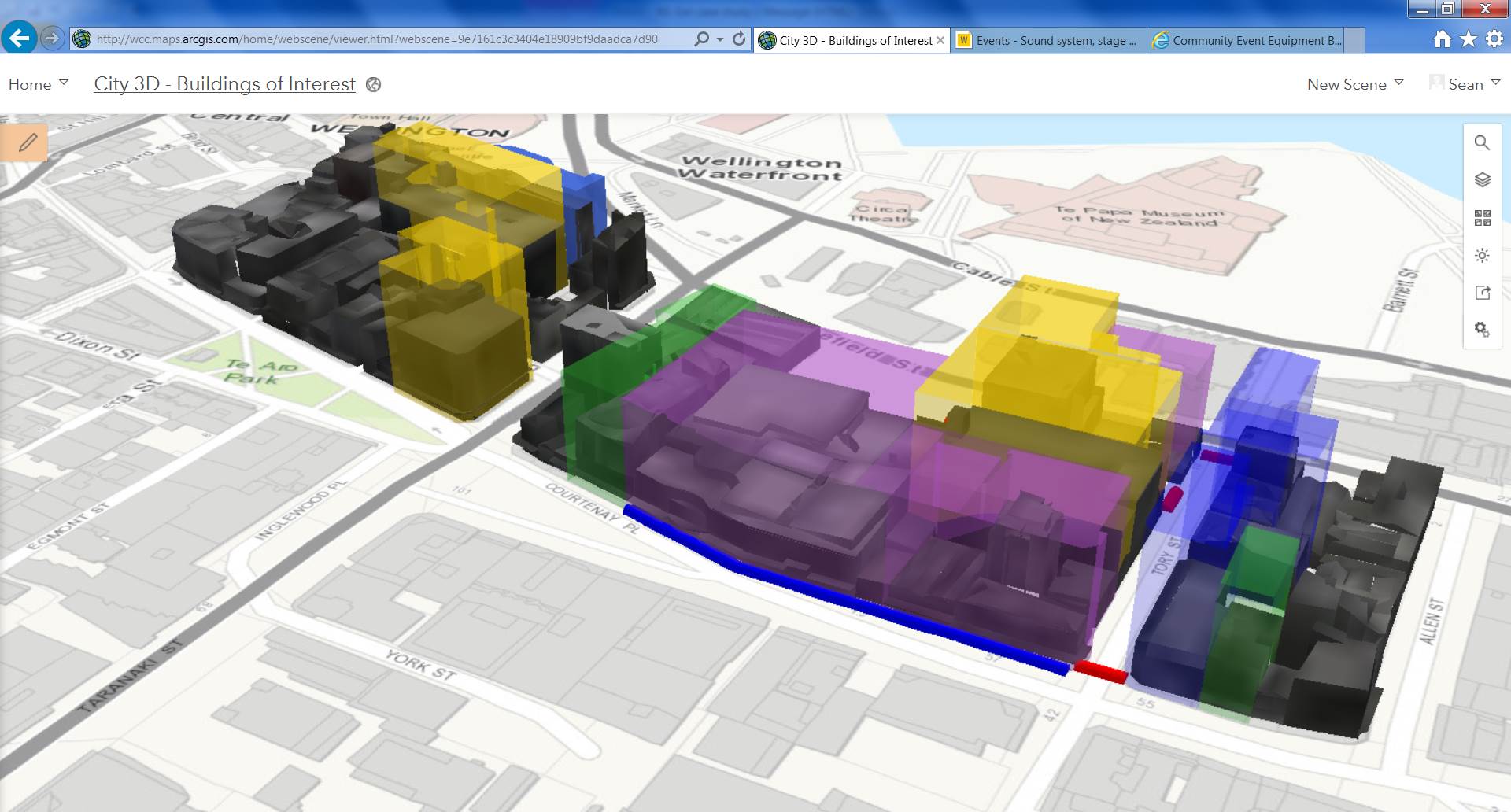 ArcGIS 3D city model showing colour-coded buildings in Wellington.