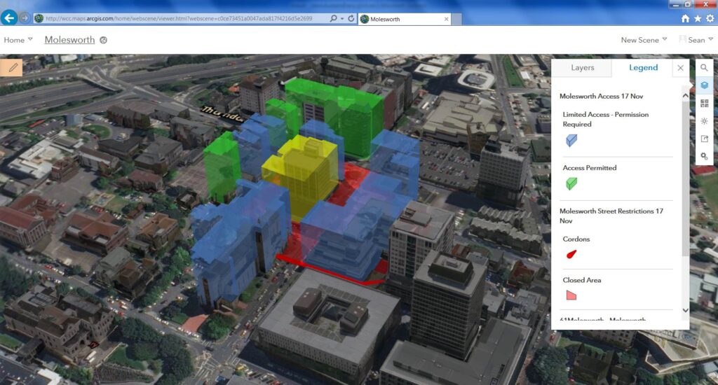 ArcGIS 3D city model showing access zones and street restrictions.