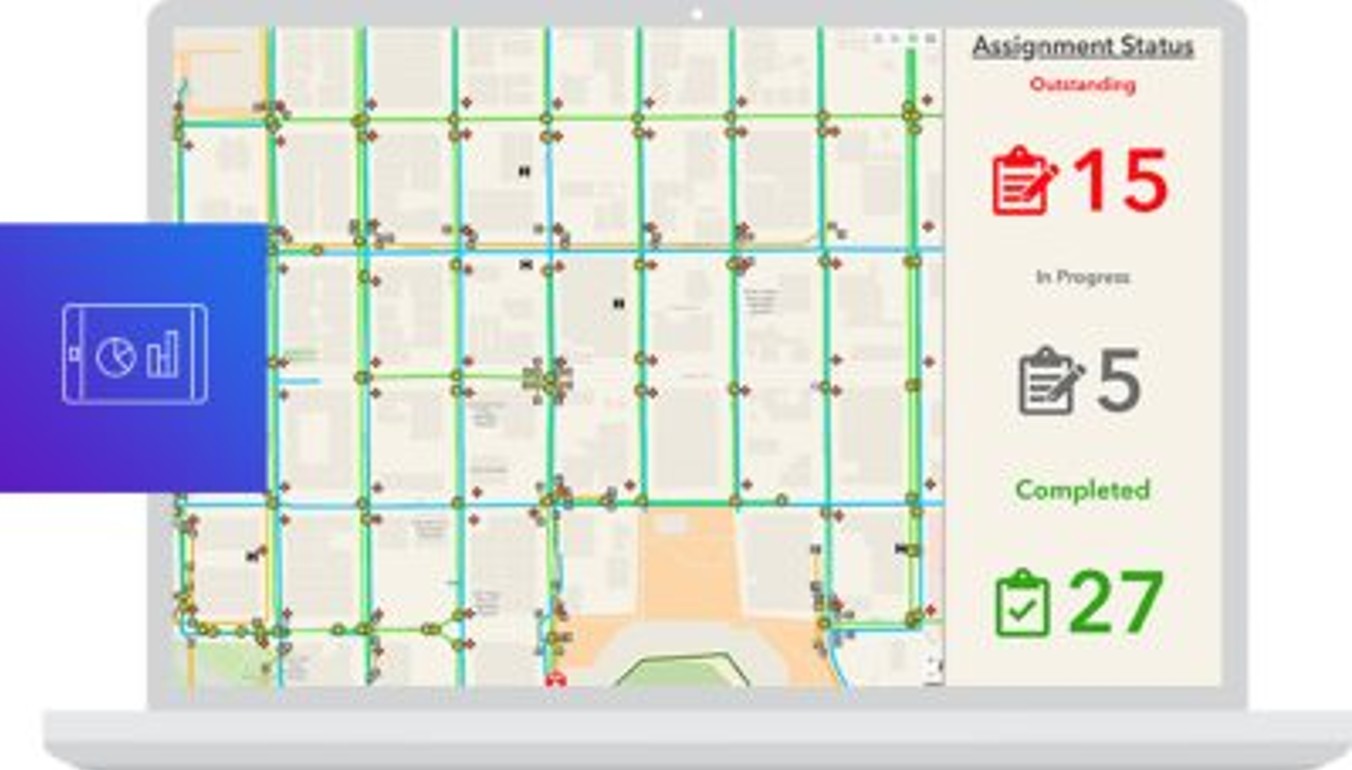 ArcGIS dashboard showing assignment status and work locations on a map.