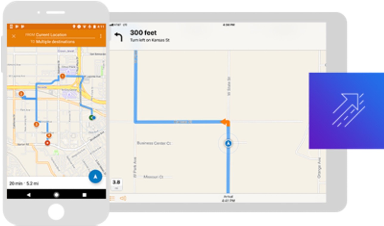 ArcGIS navigation map displayed on a mobile device and tablet graphic.