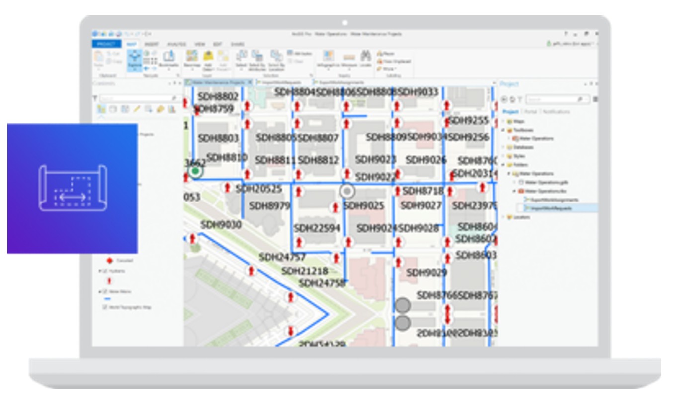 ArcGIS map graphic showing a route network with directional arrows and location IDs.