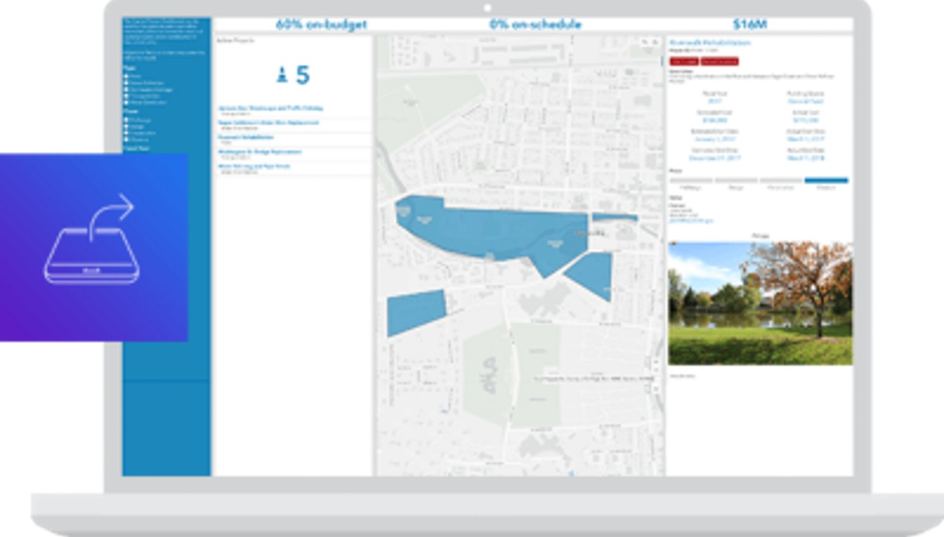 ArcGIS dashboard with a map, property information and data panels.