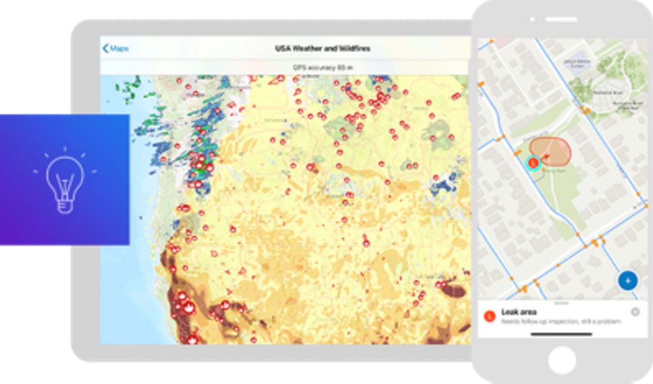 ArcGIS weather and notifications map graphic displayed on a tablet with a mobile map app.