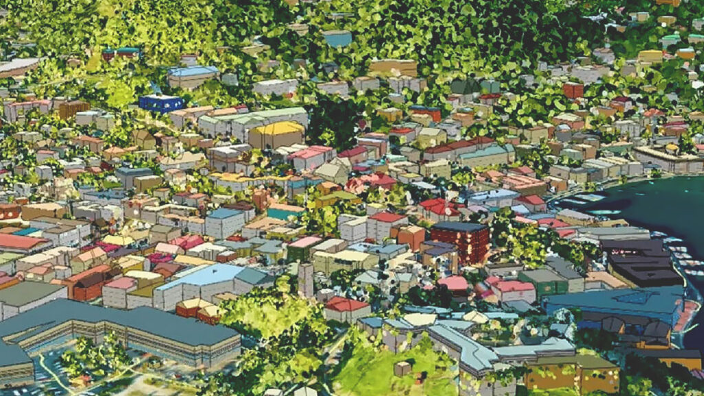 ArcGIS 3D city model showing buildings, roads and vegetation.