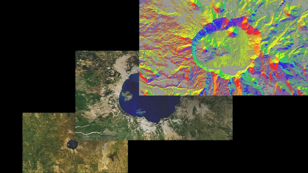 Satellite imagery and false-colour terrain maps of a volcanic crater.