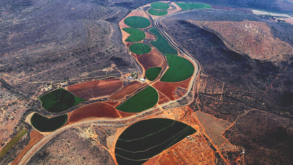 Aerial view of circular irrigated crop fields in a rural landscape.