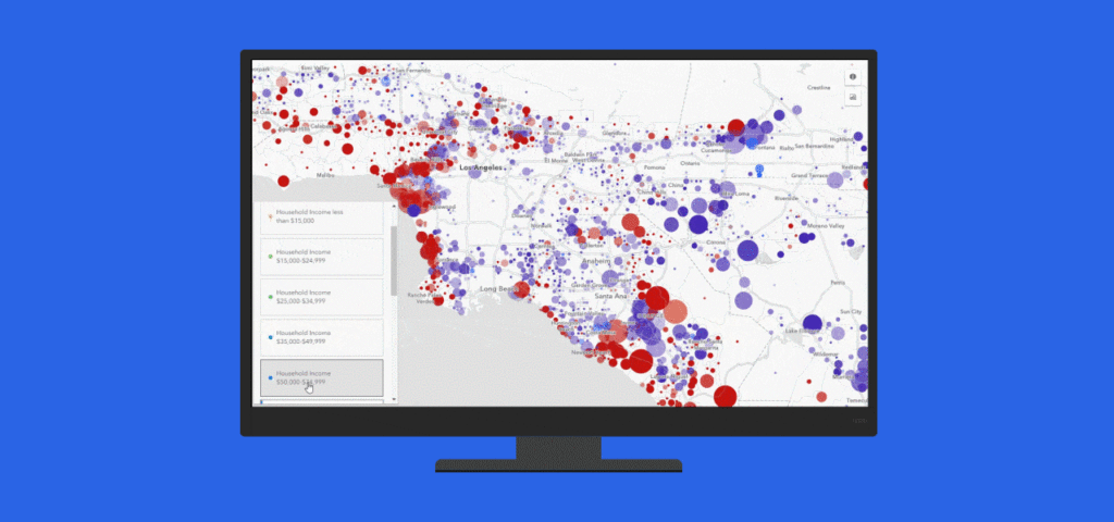 ArcGIS map displaying red and blue proportional symbols across a metropolitan area.
