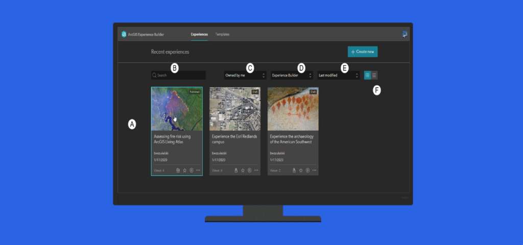ArcGIS Experience Builder dashboard showing recent experiences.