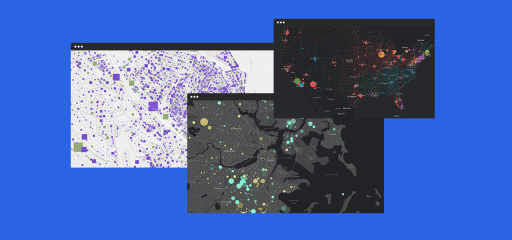 ArcGIS maps showing point patterns and proportional symbol visualisations.