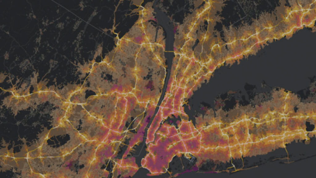 ArcGIS map showing colour-coded urban density patterns and road networks.