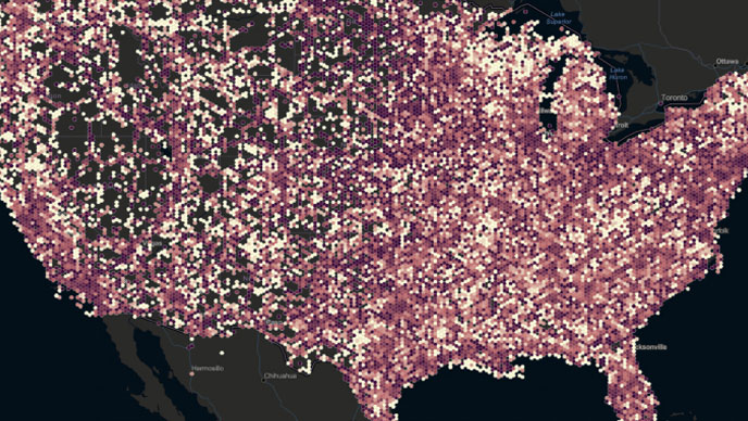 ArcGIS hexagon map showing colour-coded data across the United States.