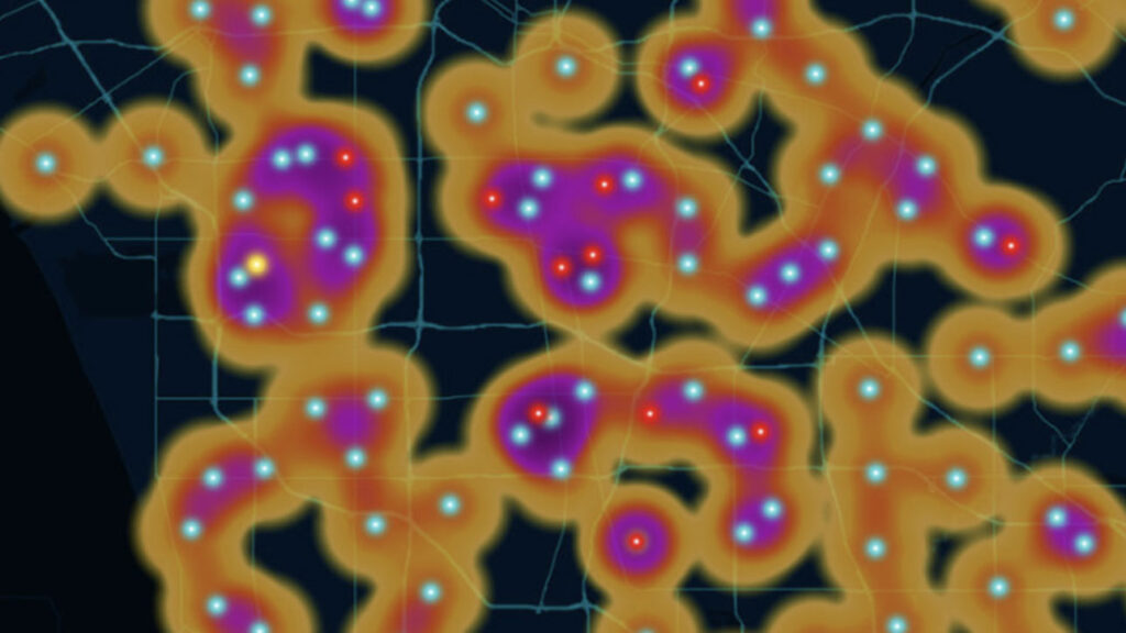 ArcGIS heat map showing clustered point locations.