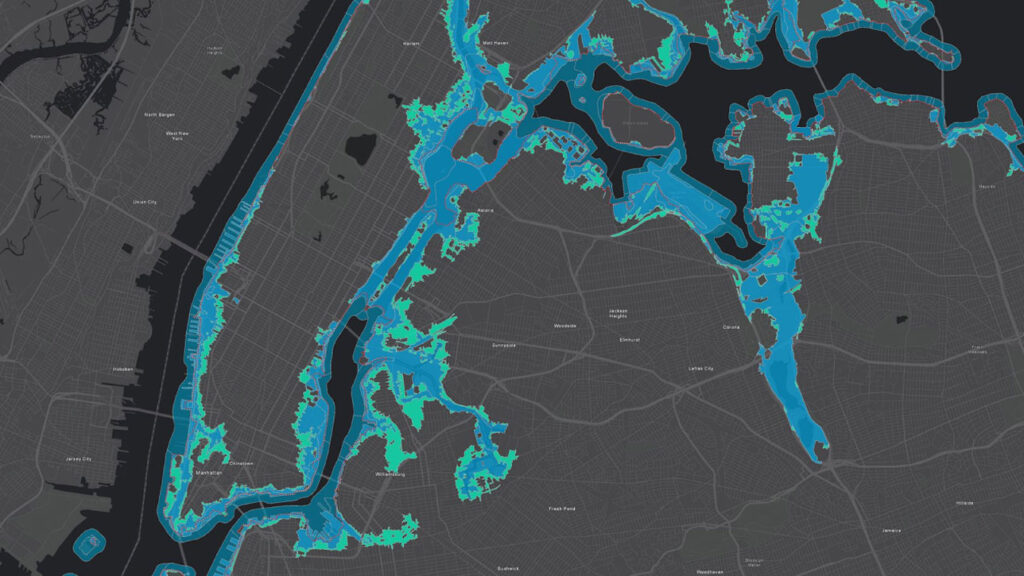 ArcGIS coastal flood map showing inundation zones.