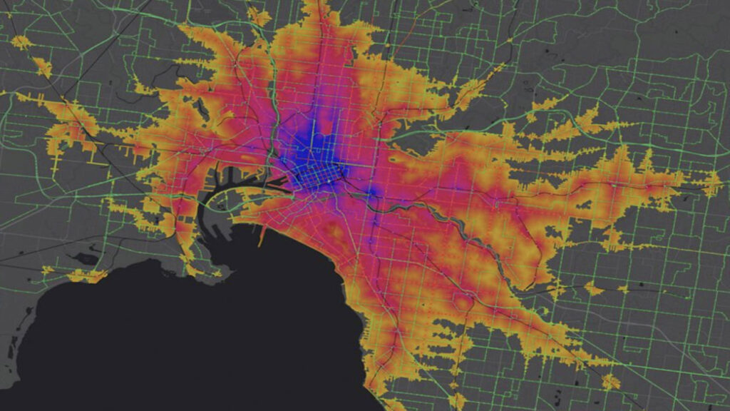 ArcGIS heat map showing colour-coded patterns across an urban area.
