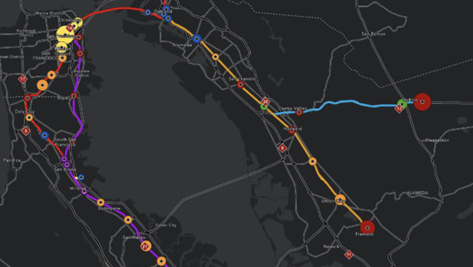 ArcGIS network map showing routes and incident locations.