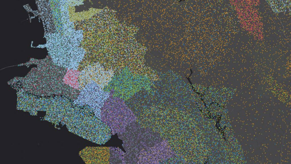 ArcGIS map displaying clustered point locations in different colours.