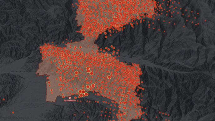 ArcGIS terrain map displaying red point markers clustered across a region.