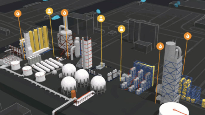 3D industrial facility model with equipment, storage tanks and asset markers.