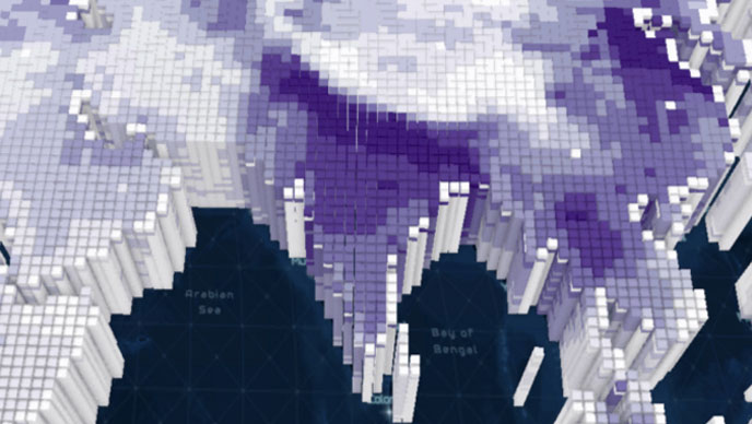3D map visualisation showing purple data columns across a world map.