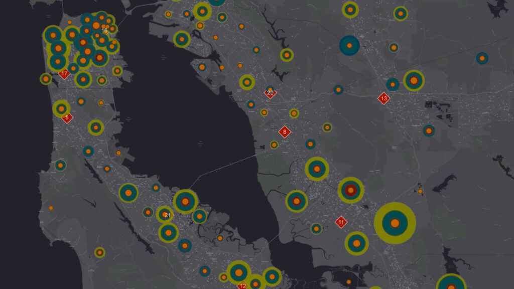 ArcGIS map showing proportional symbols at point locations.
