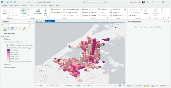 3D GIS map visualising estimated travel times with hexagonal data layers and spatial analytics in ArcGIS Pro.