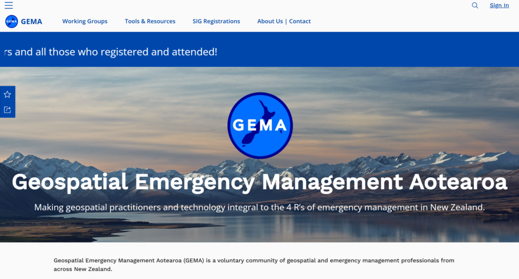 Geospatial Emergency Management Aotearoa homepage with a mountain landscape banner.