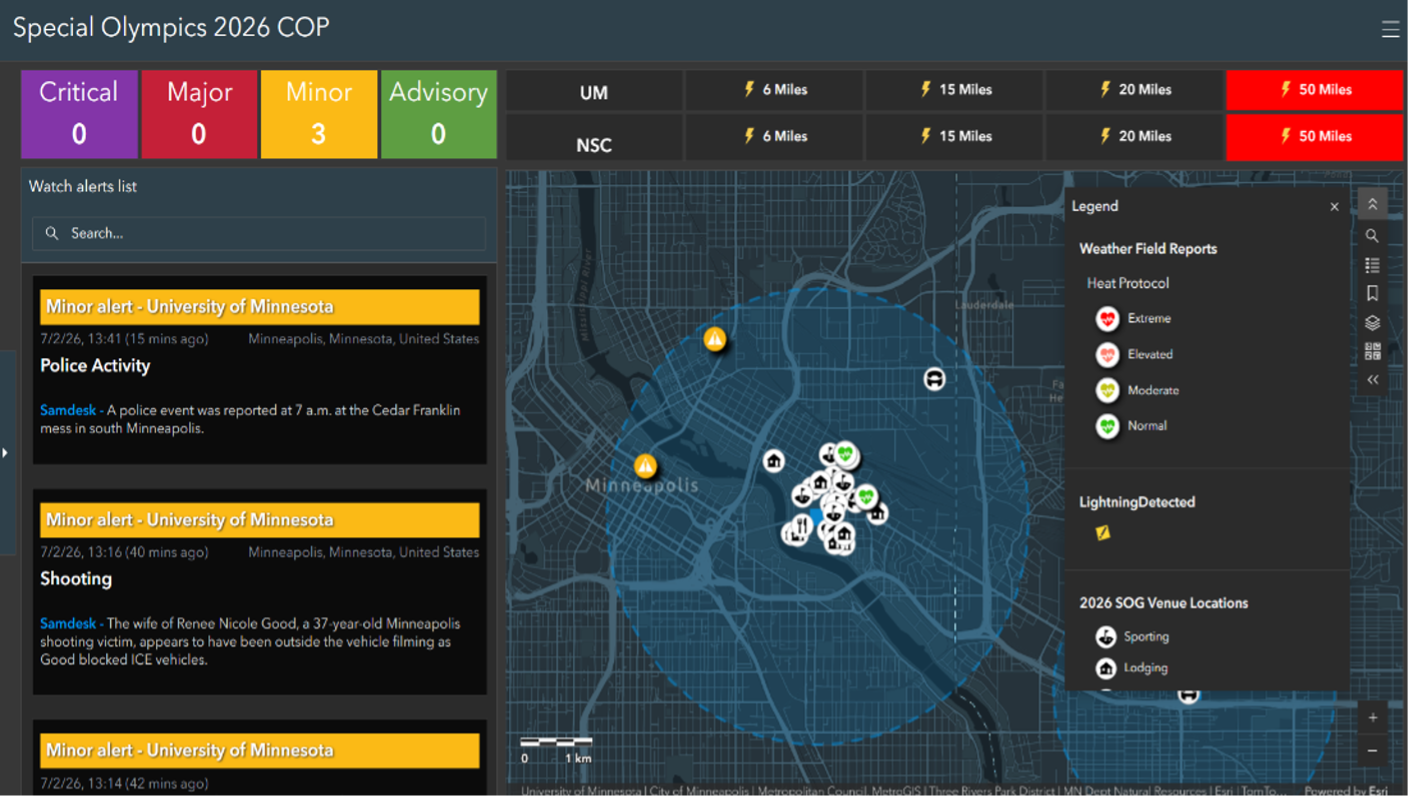 ArcGIS dashboard displaying emergency alerts, incident reports and a city map.
