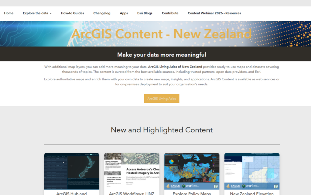 A screenshot displays a website page about ArcGIS content in New Zealand.