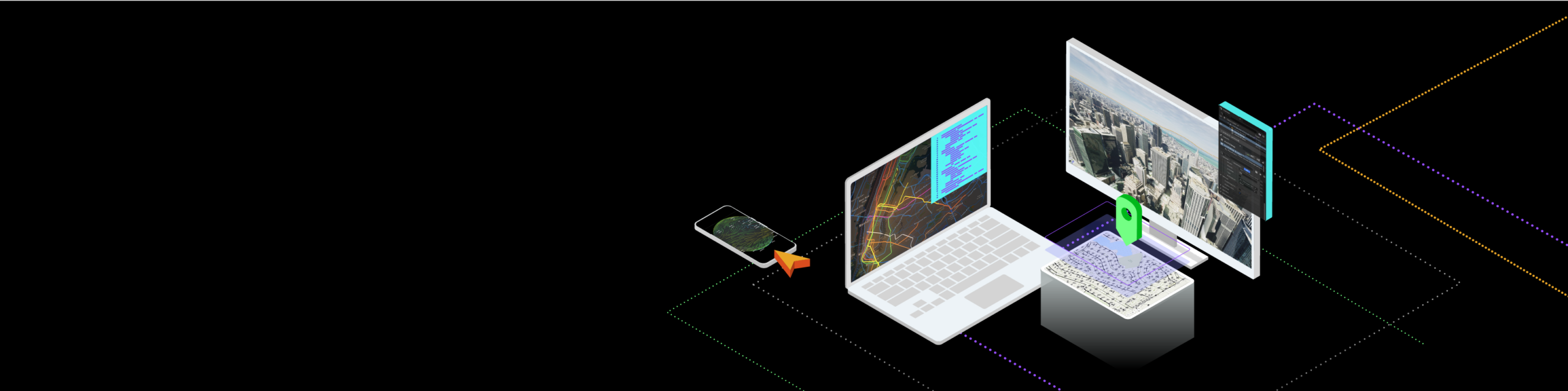 Illustration of connected devices interacting with a GIS mapping platform.