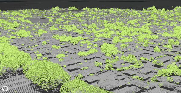 LiDAR point cloud of an urban area with buildings in grey and trees highlighted in green.