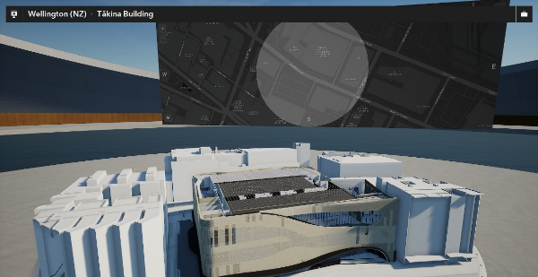 3D digital twin model of Wellington's Tākina Building displayed within an interactive geospatial mapping environment.